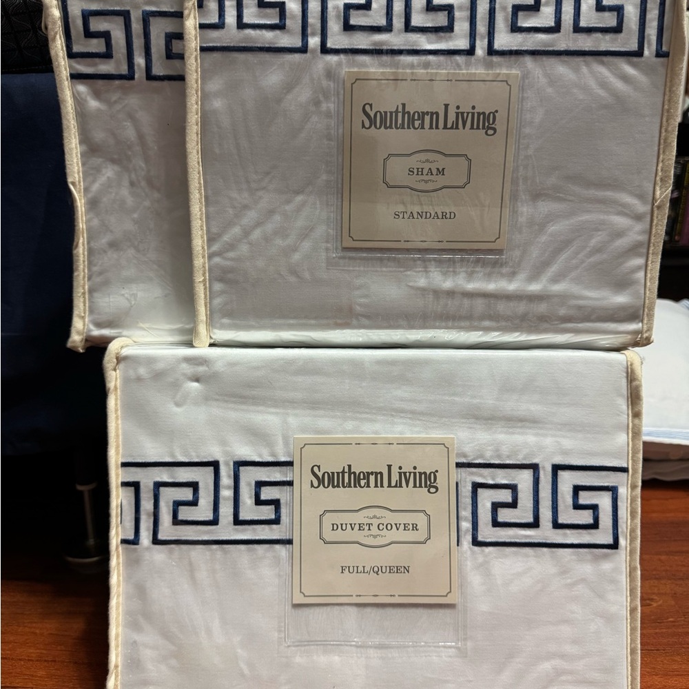 Southern Living White and Blue Greek Key Bedding Set